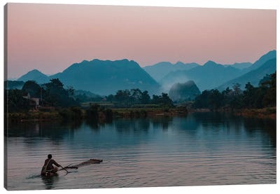 Asia, Vietnam, Pu Luong Nature Reserve. Lone Man Takes Simple Raft Out Onto River For Sunset Cruise. Canvas Art Print