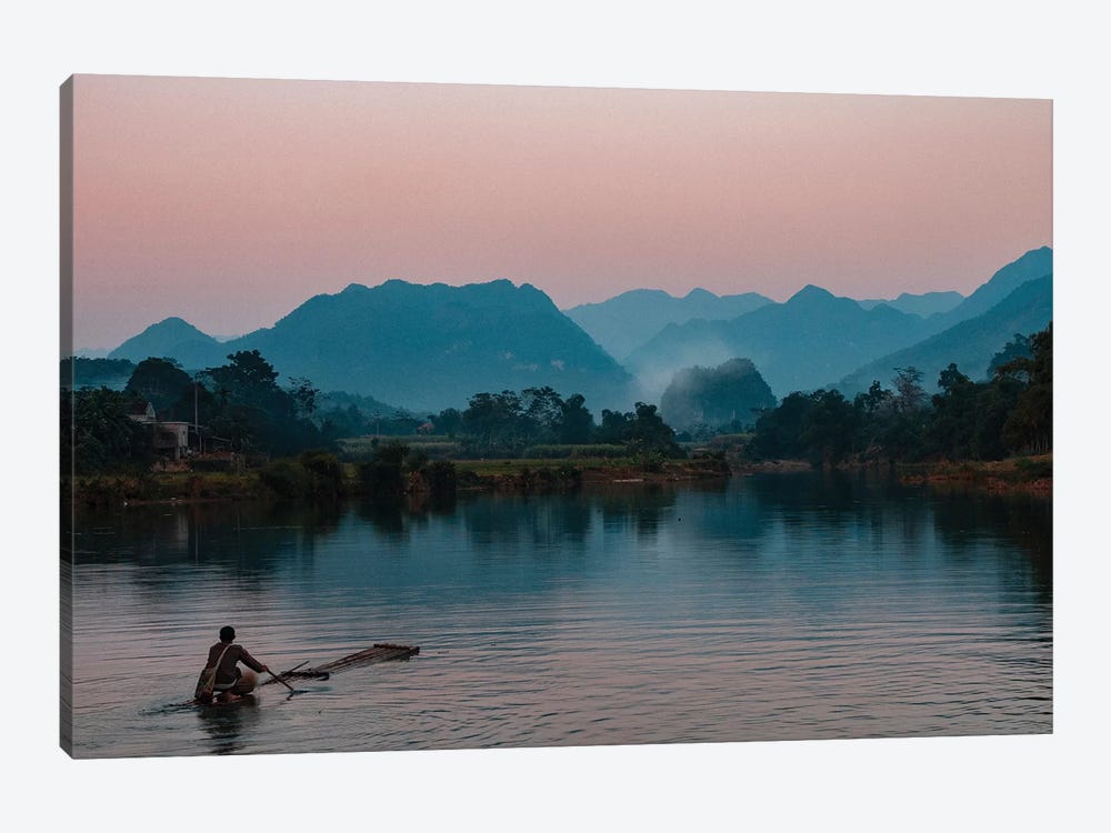 Asia, Vietnam, Pu Luong Nature Reserve. Lone Man Takes Simple Raft Out Onto River For Sunset Cruise. by Bryce Merrill 1-piece Canvas Artwork
