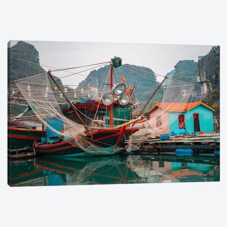 Asia, Vietnam, Quang Ninh, Ha Long Bay. Colorful Fishing Boat At Its Dock Is Reflected In Calm Bay Waters. Canvas Print #BYM2} by Bryce Merrill Canvas Artwork