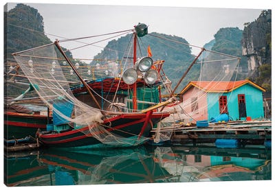 Asia, Vietnam, Quang Ninh, Ha Long Bay. Colorful Fishing Boat At Its Dock Is Reflected In Calm Bay Waters. Canvas Art Print