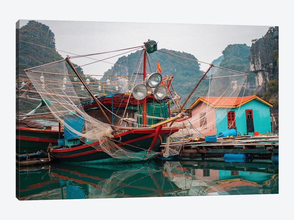 Asia, Vietnam, Quang Ninh, Ha Long Bay. Colorful Fishing Boat At Its Dock Is Reflected In Calm Bay Waters. by Bryce Merrill 1-piece Canvas Print