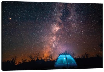 Usa, California, Mojave Desert. An Illuminated Tent Against A Starry Sky And The Milky Way. Canvas Art Print - Galaxy Art