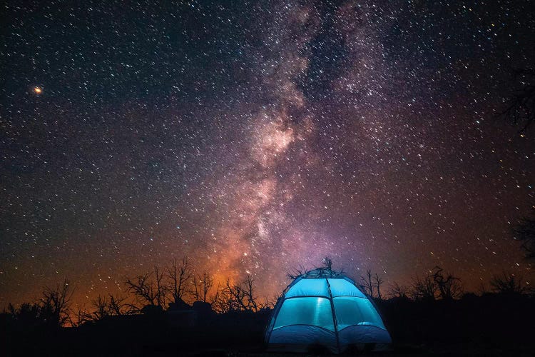 Usa, California, Mojave Desert. An Illuminated Tent Against A Starry Sky And The Milky Way.