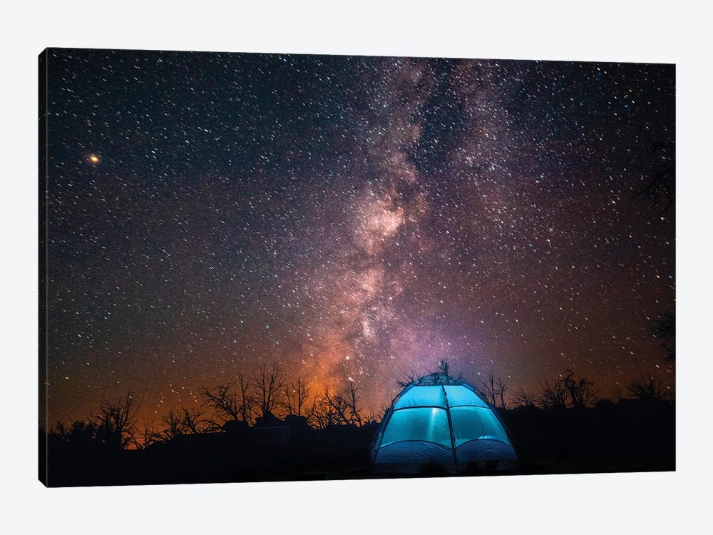 Usa, California, Mojave Desert. An Illuminated Tent Against A Starry Sky And The Milky Way. by Bryce Merrill 1-piece Canvas Wall Art