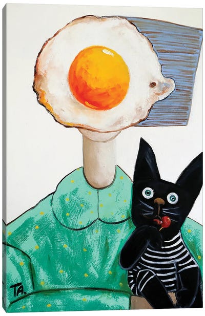 Egg Girl With Black Cat Canvas Art Print - Food Art