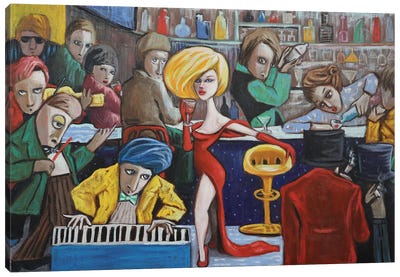 Lady In Red In A Jazz Bar Canvas Art Print - Jazz Art