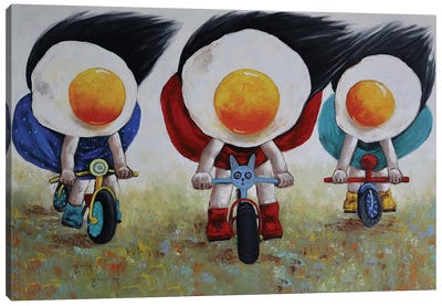 Egg Girls Racing Their Bikes Canvas Art Print - Egg Art