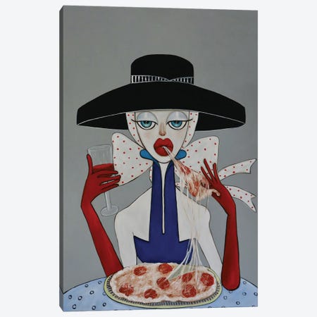 Madan Enjoying A Pizza Canvas Print #BYN30} by Ta Byrne Art Print