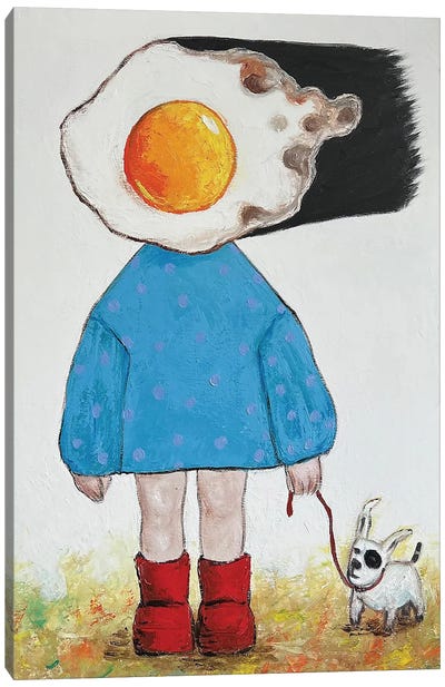 Egg Girl In Blue On A Windy Day Canvas Art Print - Egg Art