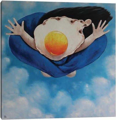 Egg Girl Flying Canvas Art Print - Blue Art