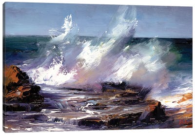 Waves Crashing Against Rock Canvas Art Print - Rocky Beach Art