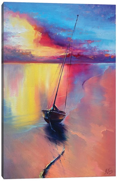 Sunset At The Sea Canvas Art Print - Sailboat Art