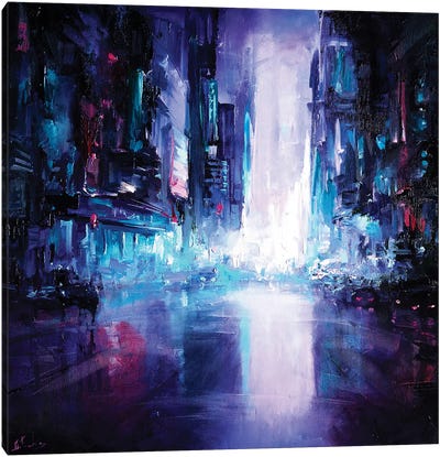 Neon City Street Canvas Art Print - Cyberpunk Art