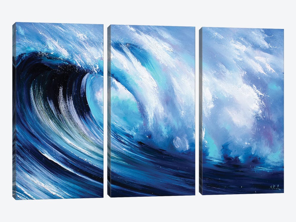 Blue Wave Painting by Bozhena Fuchs 3-piece Canvas Print