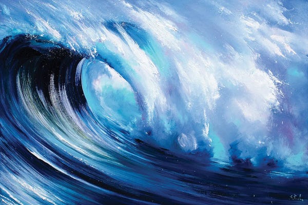 Black & White & Blue: Blue Wave Painting by Bozhena Fuchs
