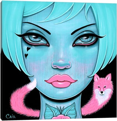 Pink Fox, Blue You Canvas Art Print - Fox Art