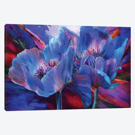 Blue Poppies On Red Canvas Print #CAV6} by Carol Cavalaris Canvas Art