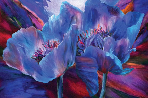 Poppies: Blue Poppies On Red by Carol Cavalaris
