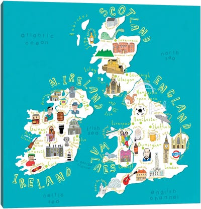 Illustrated Countries UK + Ireland Canvas Art Print