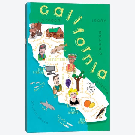 Illustrated State Maps California Canvas Print #CAY17} by Carla Daly Art Print