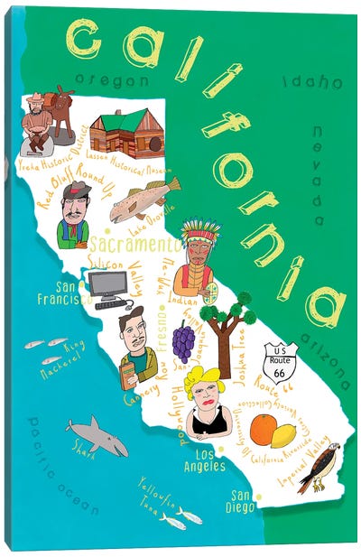 Illustrated State Maps California Canvas Art Print - Kids Map Art