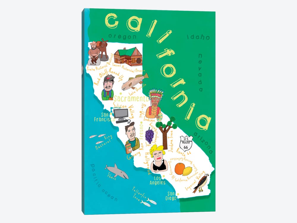 Illustrated State Maps California by Carla Daly 1-piece Canvas Wall Art