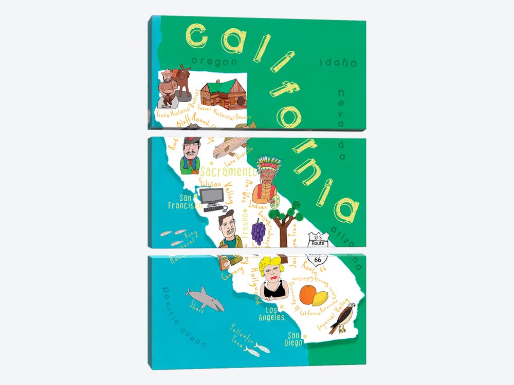 Illustrated State Maps California by Carla Daly 3-piece Canvas Art