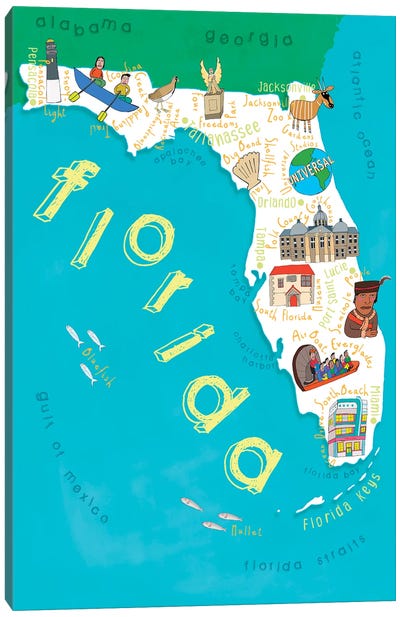 Illustrated State Maps Florida Canvas Art Print - Kids Map Art