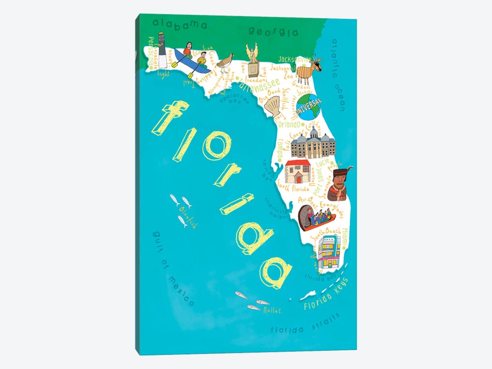 Illustrated State Maps Florida by Carla Daly 1-piece Canvas Print