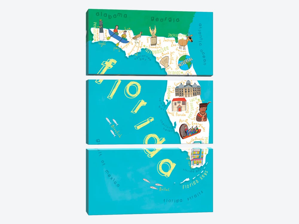 Illustrated State Maps Florida by Carla Daly 3-piece Art Print