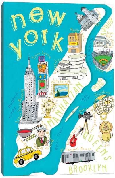 Illustrated State Maps New York Canvas Art Print - Kids Map Art