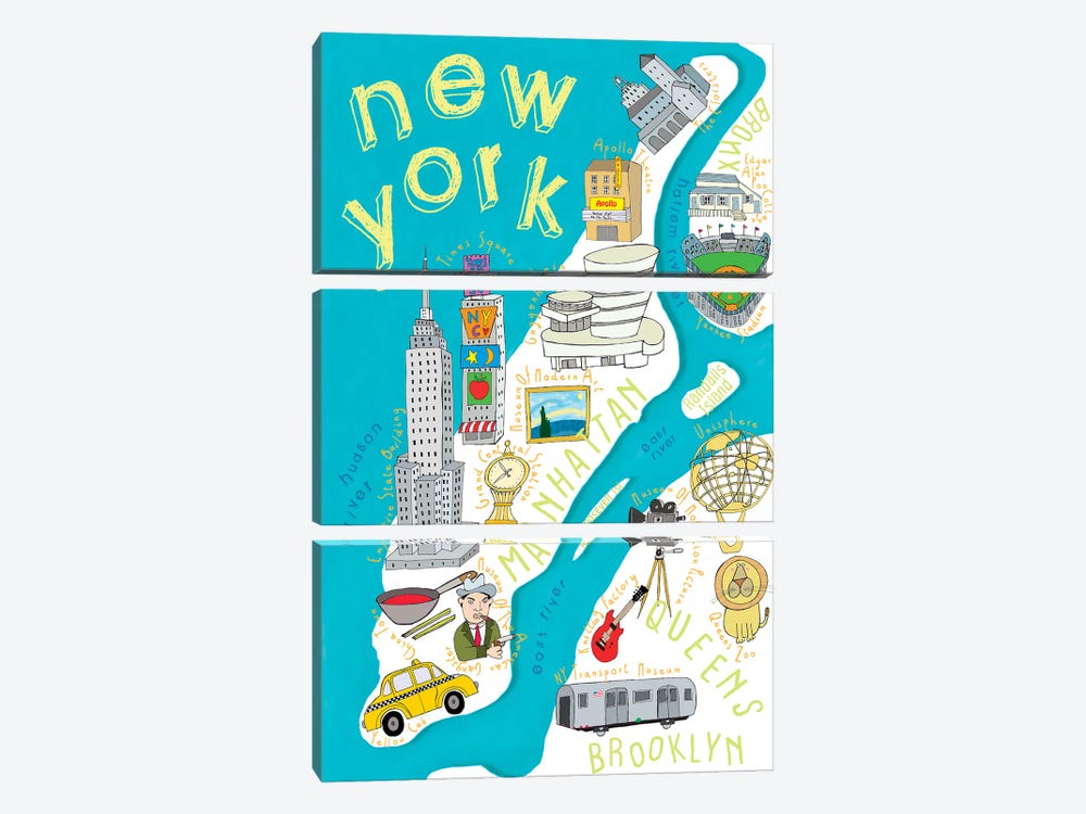 Illustrated State Maps New York by Carla Daly 3-piece Canvas Art
