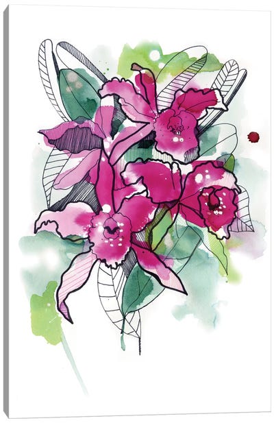 Magenta Orchids Canvas Art Print - Green & Pink Art