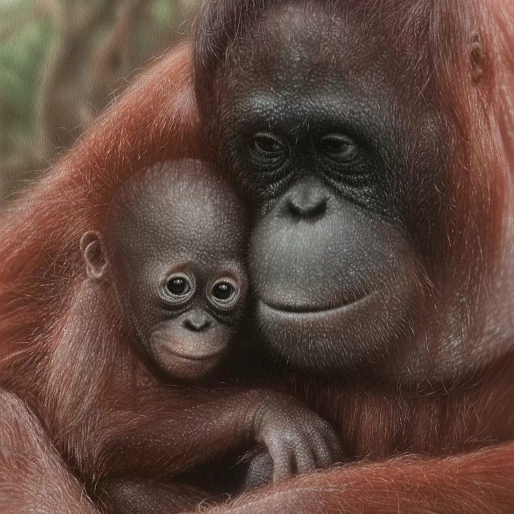 Orangutan Mother & Baby - Snuggled - Square