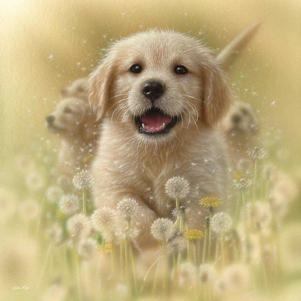 Collin Bogle: Dandelions - Golden Retriever, Square by Collin Bogle