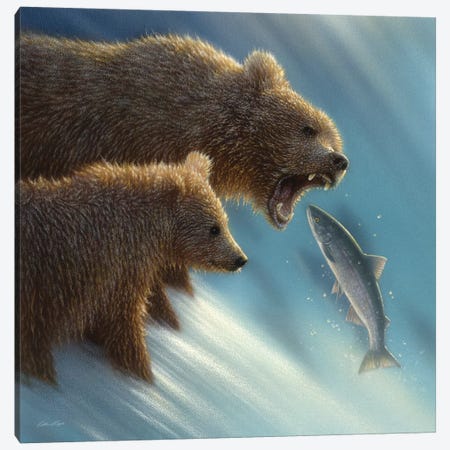 Brown Bear Fishing Lesson, Square Canvas Print #CBO27} by Collin Bogle Canvas Artwork