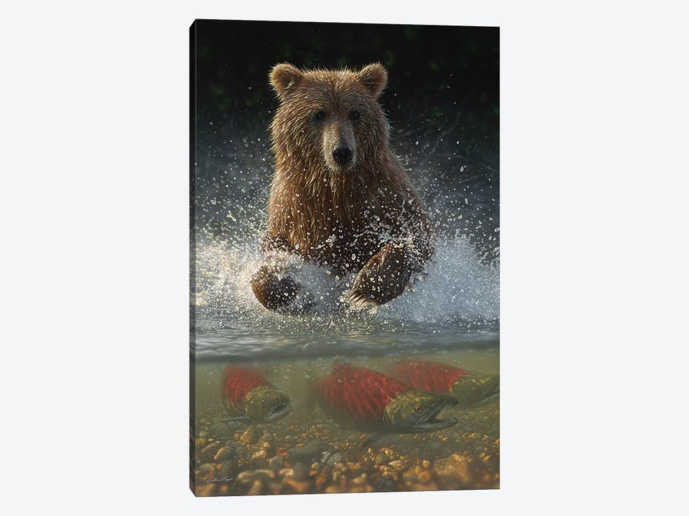 Brown Bear Fishing Hole, Vertical by Collin Bogle 1-piece Canvas Wall Art