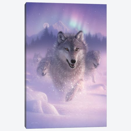 Northern Lights - Running Wolves, Vertical Canvas Print #CBO50} by Collin Bogle Canvas Artwork