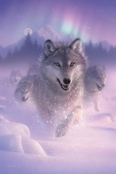 Snowscapes: Northern Lights - Running Wolves, Vertical by Collin Bogle