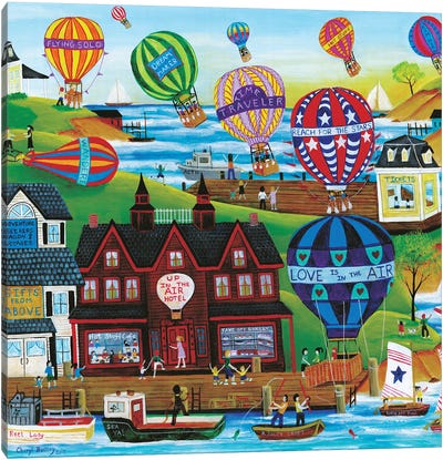 Hot Air Balloon Seaside Village Canvas Art Print - Hot Air Balloon Art
