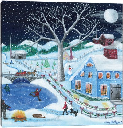 Ice Skating By Old Farm Canvas Art Print - Large Christmas Art