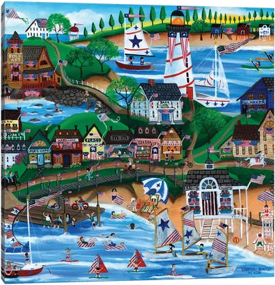 Old New England Seaside 4th of July Celebration Canvas Art Print - Folk Art
