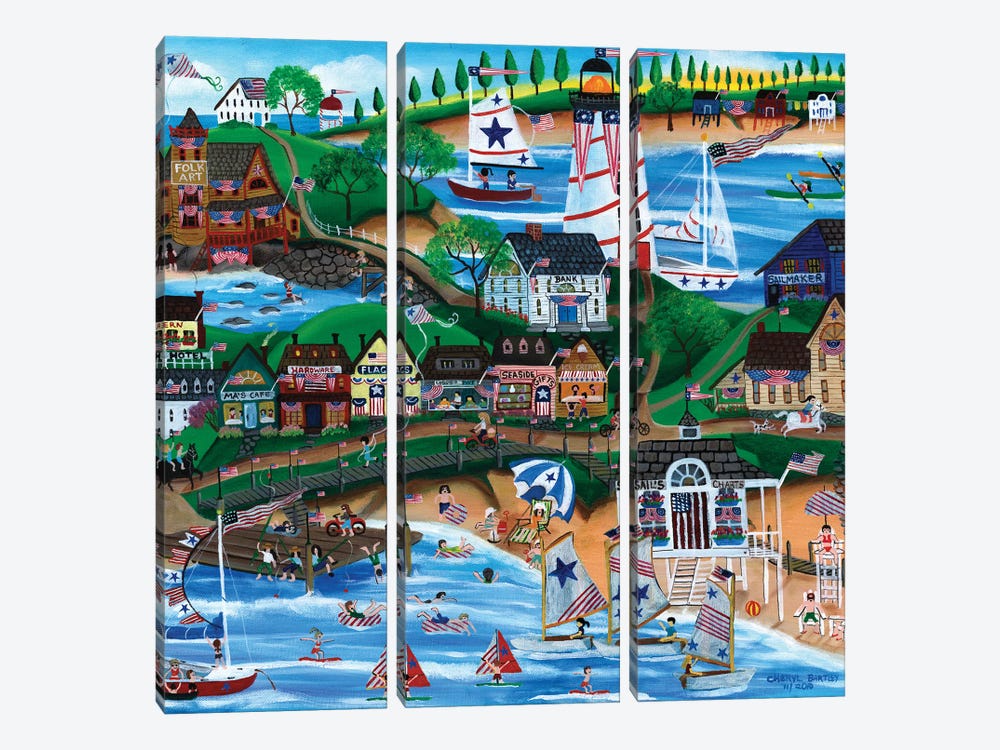 Old New England Seaside 4th of July Celebration by Cheryl Bartley 3-piece Canvas Art Print