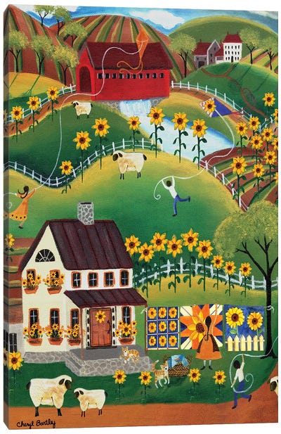 Primitive Quilt Maker House Sunflower Sheep Cheryl Bartley Canvas Art Print - Cheryl Bartley