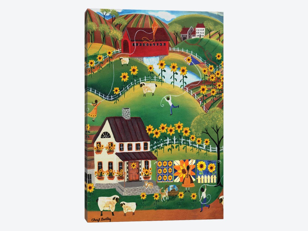 Primitive Quilt Maker House Sunflower Sheep Cheryl Bartley by Cheryl Bartley 1-piece Canvas Wall Art