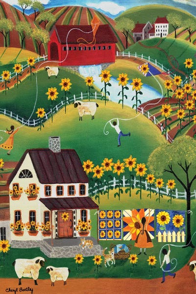 Farms: Primitive Quilt Maker House Sunflower Sheep Cheryl Bartley by Cheryl Bartley