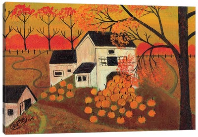 Pumpkin Barn Autumn Folk Art Cheryl Bartley Canvas Art Print - Pumpkins
