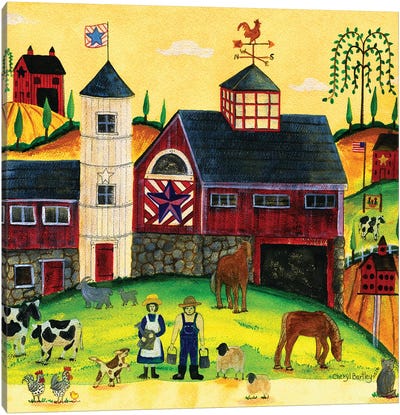 Red Barn Farmyard Folk Art Canvas Art Print - Cheryl Bartley