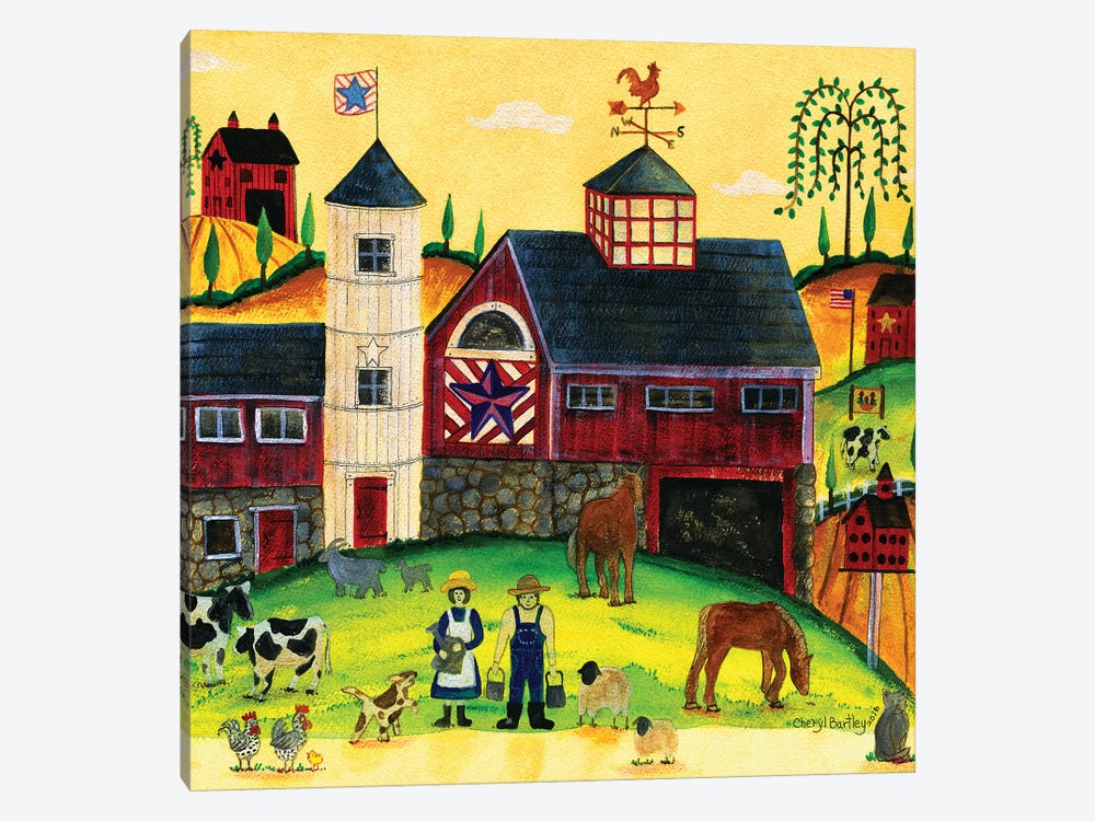 Red Barn Farmyard Folk Art by Cheryl Bartley 1-piece Canvas Art Print