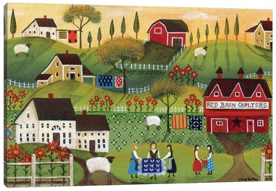 Red Barn Quilters Canvas Art Print - Folk Art